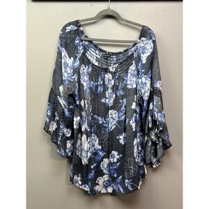 Unique Spectrum Blouse Womens 3X Blue Floral Smocked Neck Bell Sleeve Boho Top